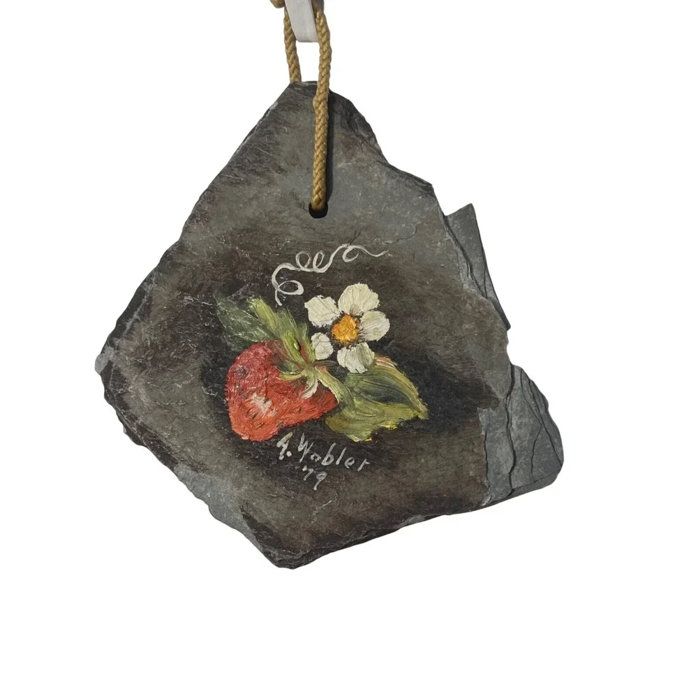 G. Wobler Slate Wall Hanging Gray Vintage Strawberry Hand Painted 1979
